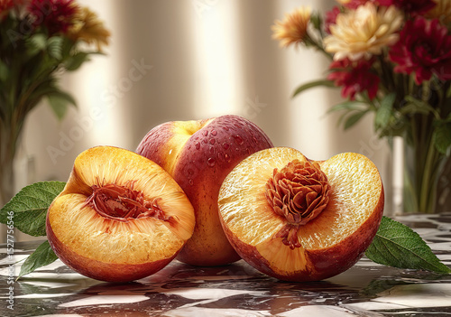 Close-up view of peach slices, showcasing the vibrant orange flesh and intricate seed structure.