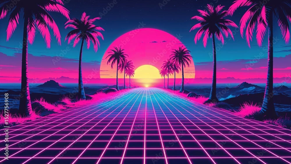 Naklejka premium A stunning sunset bathes a palm-lined road in pink and purple hues. The vibrant colors reflect off a grid pattern, creating a retro-futuristic ambiance by the ocean