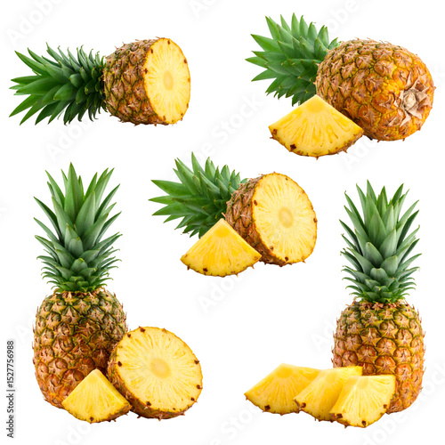 Pineapple set whole and cut in pieces isolated on white or transparent png