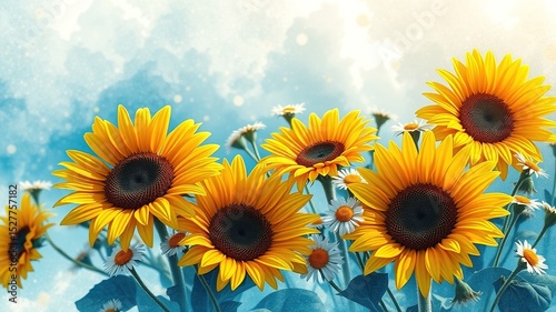 Sunflowers & Daisies Watercolor Blue Background Golden Accents