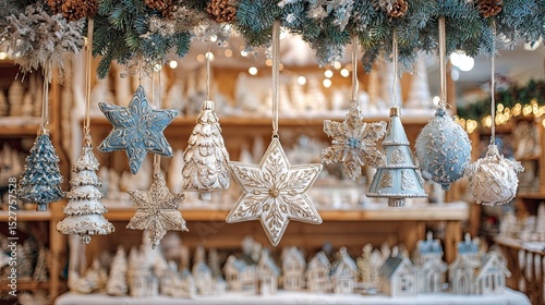 Handmade Christmas ornaments in star and tree shapes hanging on festive market display with warm lighting