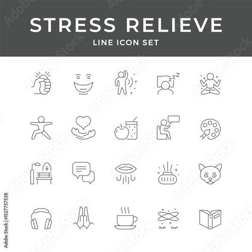 Stress Relief Line Icons Set for Wellness and Mental Health