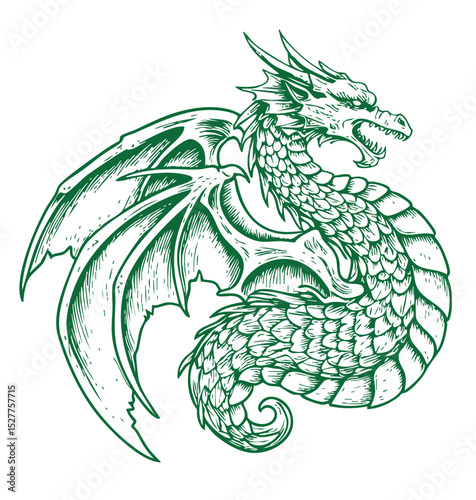 Intricate Dragon Design Featuring Flames and victorian pattern