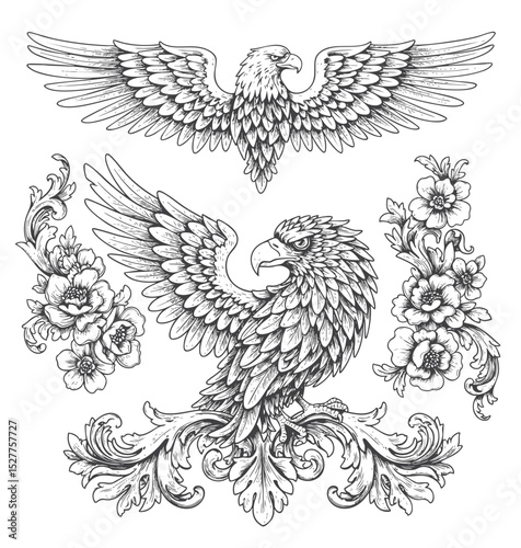 Bald eagle in black line art, traditional old-school tattoo style