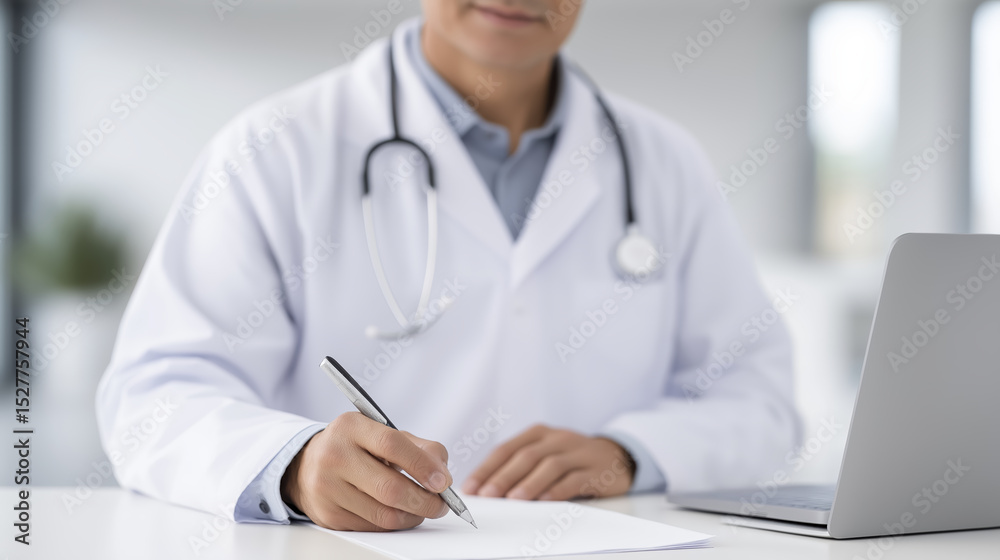Medical professional in white coat writing notes at a desk with a laptop, showcasing dedication to patient care and attention to detail in a modern healthcare environment Medical professional in white coat writing notes at a desk with a laptop, showcasing dedication to patient care and attention to detail in a modern healthcare environment