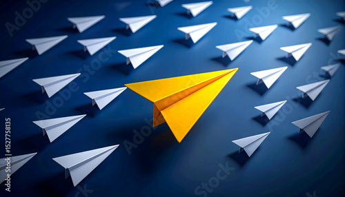 Yellow Paper Airplane Leading a Flock  Innovation, Leadership, and Standing Out
