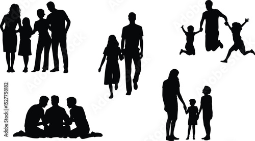 Happy family silhouette, parents with children, walking, bonding moments, parenting, unity, joy, love, lifestyle, caring connection, childhood, support

 flat vector illustration