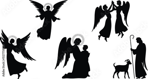 Angel silhouette art, divine figure, shepherd and goat, spiritual scene, biblical theme, guardian angel, worship, halo light, heavenly beings, peace

 flat vector illustration