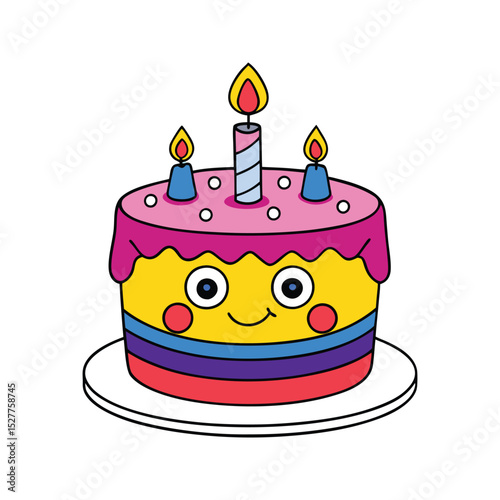 Adorable cartoon birthday cake with smiling face and lit candles on a white background