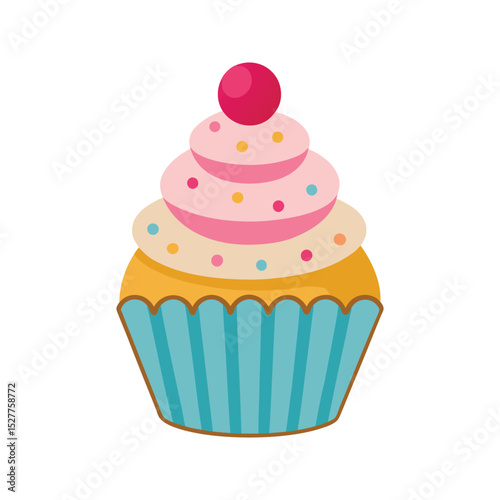 Adorable cartoon cupcake illustration with colorful icing and a bright red cherry on top