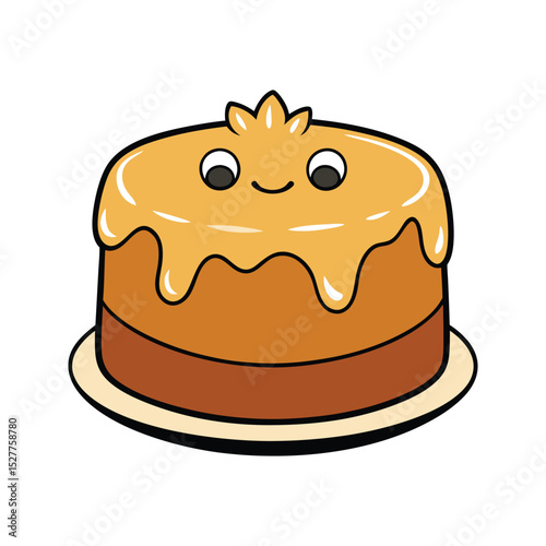 Adorable cartoon cake illustration with smiling face and sweet caramel glaze for celebration