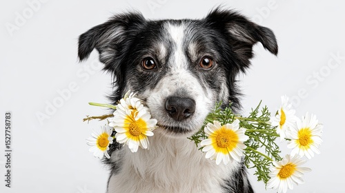 Cute black and white dog holding a bunch of white daisies in mouth on white background with sweet expression