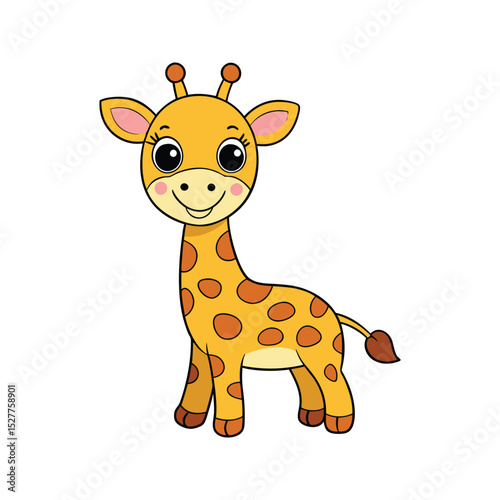 Adorable cartoon giraffe illustration with a smiling face and colorful spots on a white background