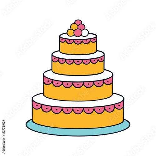 Adorable four tiered wedding cake illustration with decorative frosting and colorful design elements