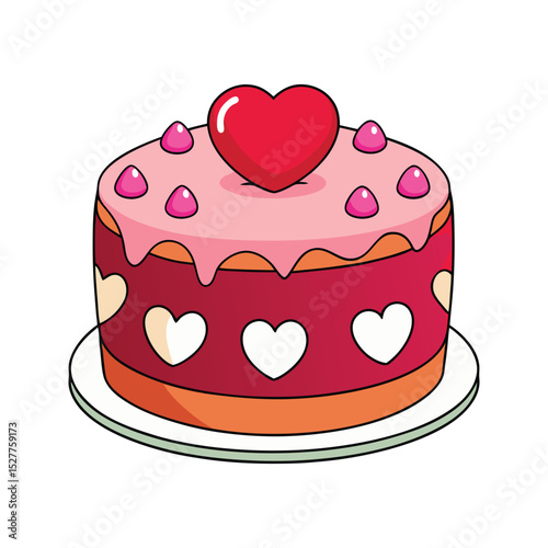 Adorable valentine's day cake decorated with hearts and drip glaze on a white plate