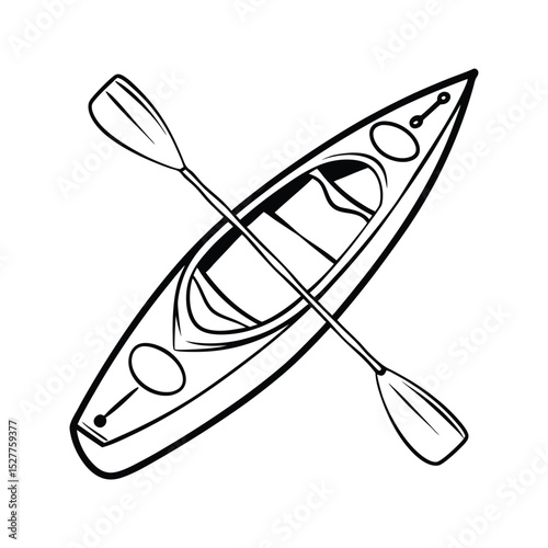 Black and white illustration of a kayak with paddles for recreational water sports