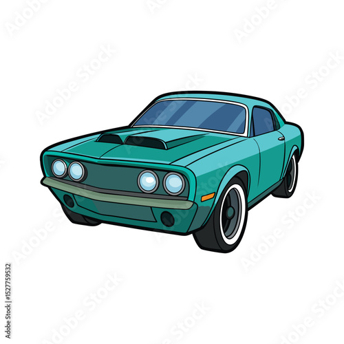 Cartoon illustration of a teal classic muscle car on a white background for design