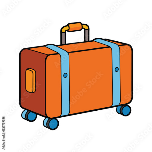 Cartoon illustration of an orange suitcase with wheels and travel design element on white background