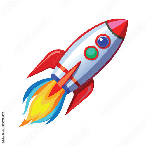 Cartoon rocket ship taking off with colorful flames against a clean white background