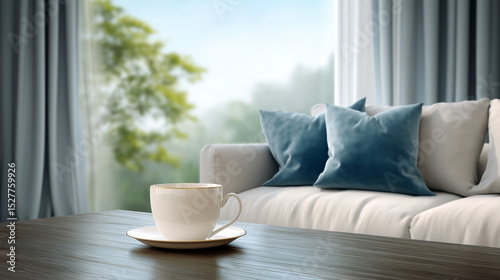 Elegant white teacup on wooden table in bright cozy living room interior.