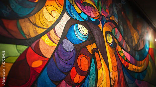 Colorful close-up of mural in temple corridor under bright directional lighting 