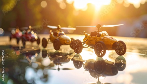 Mini wind-up toys racing on a smooth glass table, caught in motion with reflections and light flares 