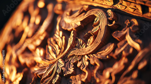 Close-up of intricate Thai temple carvings glowing under warm studio lighting 
