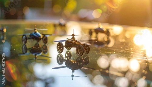 Mini wind-up toys racing on a smooth glass table, caught in motion with reflections and light flares 