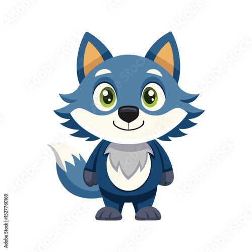Cute cartoon illustration of a friendly blue wolf with big green eyes smiling on white background