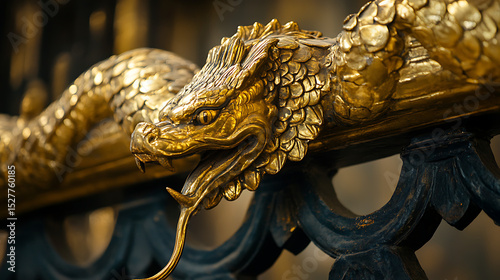 Close-up of golden naga serpent detail on temple railing 