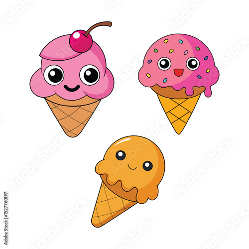 Cute cartoon ice cream cones in various colors with smiling faces on a white background
