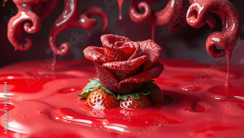 A vibrant red drop, reminiscent of nail polish or dripping paint, glistens like dew on a beautiful rose petal, a macro close-up of nature's romantic bloom