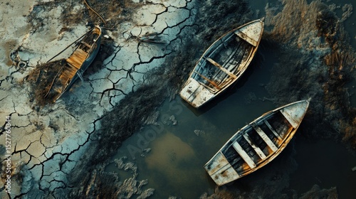 A dried-up river bed, where boats lie abandoned on cracked ground, victims of a severe drought