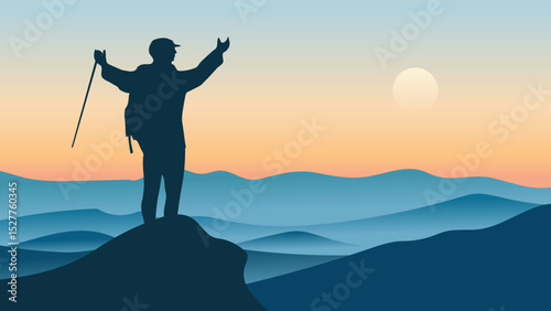 Hiker standing on mountain peak with trekking pole at sunrise, feeling victorious and free