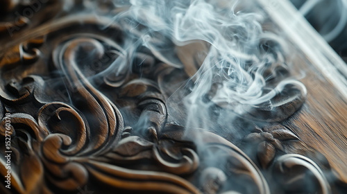 Cinematic view of delicate incense smoke curling around carved wood panel 