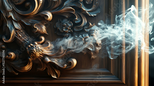 Cinematic view of delicate incense smoke curling around carved wood panel 