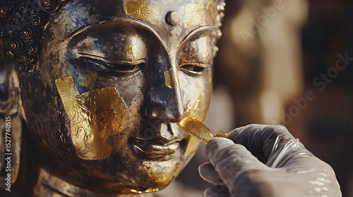 Cinematic capture of artist applying gold leaf to a Buddha statue 