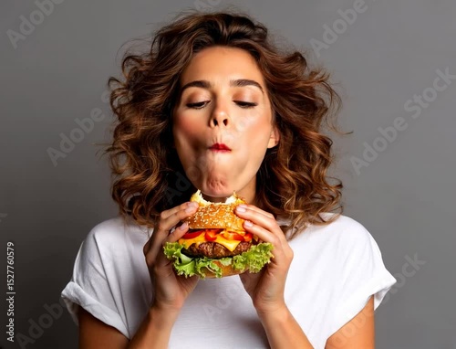 A woman with curly hair bites a big burger. On a gray background. Video about food, eating, hunger, fast food, lifestyle