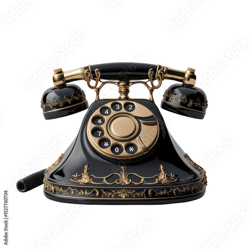 Antique Rotary Telephone Black and Gold Ornate Design Vintage Style on transparent background