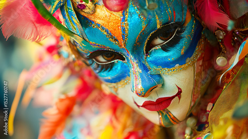 Bright close-up of Thai mask used in Khon performance showing vibrant colors 