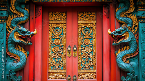 Bright and colorful shot of Thai temple doors with ornate engravings 