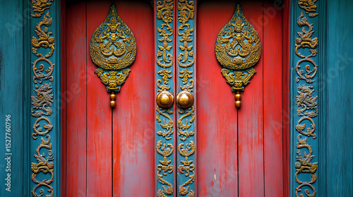 Bright and colorful shot of Thai temple doors with ornate engravings 