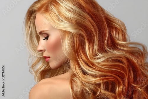 Sensuous beauty with long blonde highlighted hair cascading in shimmering golden waves of luxury.