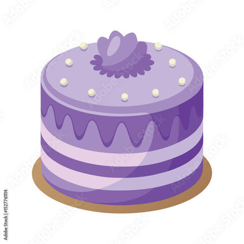 Delicious purple layered cake with flower decoration and pearls isolated on white background