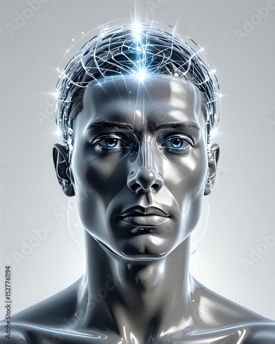 A Transparent Glass Human Head with light Beams Emerging from Within, against a Clean White Background. Concept of Insight, Understanding, enlightenment