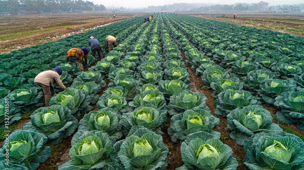 Fototapeta premium Dedicated cabbage farmers working in the field under the sun