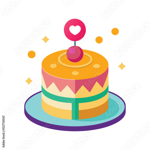 Delightful isometric birthday cake design adorned with festive decorative elements and a heart