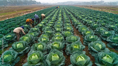 Dedicated cabbage farmers working in the field under the sun