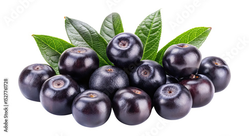 Pile of fresh acai berries with green leaves isolated Transparent PNG