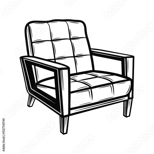Detailed vector illustration of a classic armchair in a black and white line art style.